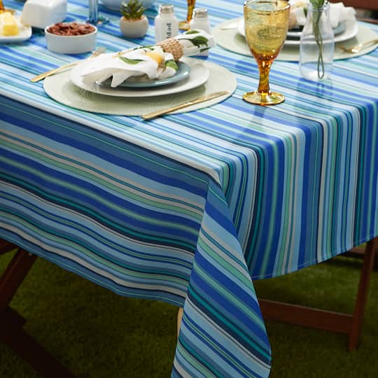 Blue Ocean Stripe Print Outdoor Tablecloth with Zipper, 60" Round